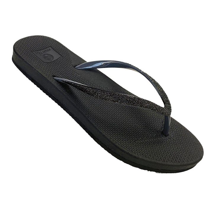 Black sandal with a thong design on a white background