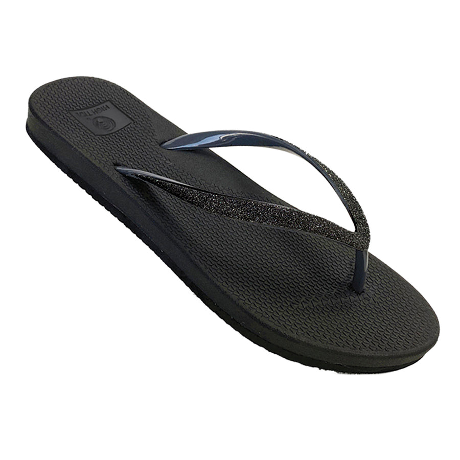 Black sandal with a thong design on a white background